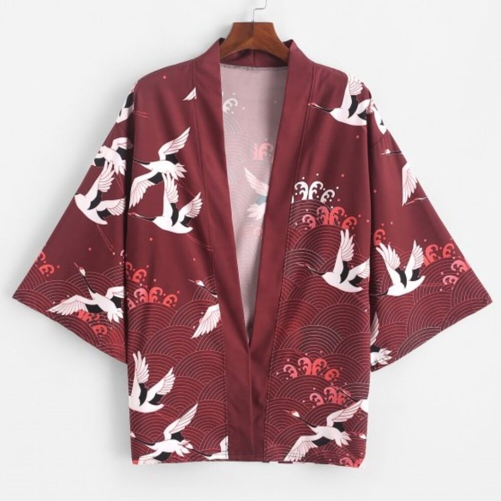 Flying Crane Sea Waves Print Open Front Kimono Cardigan, Red Wine, 3xl